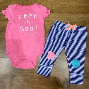 Cute Peek-A-Boo outfit with pink onesie and striped blue pants Cat & Jack 0-3m
